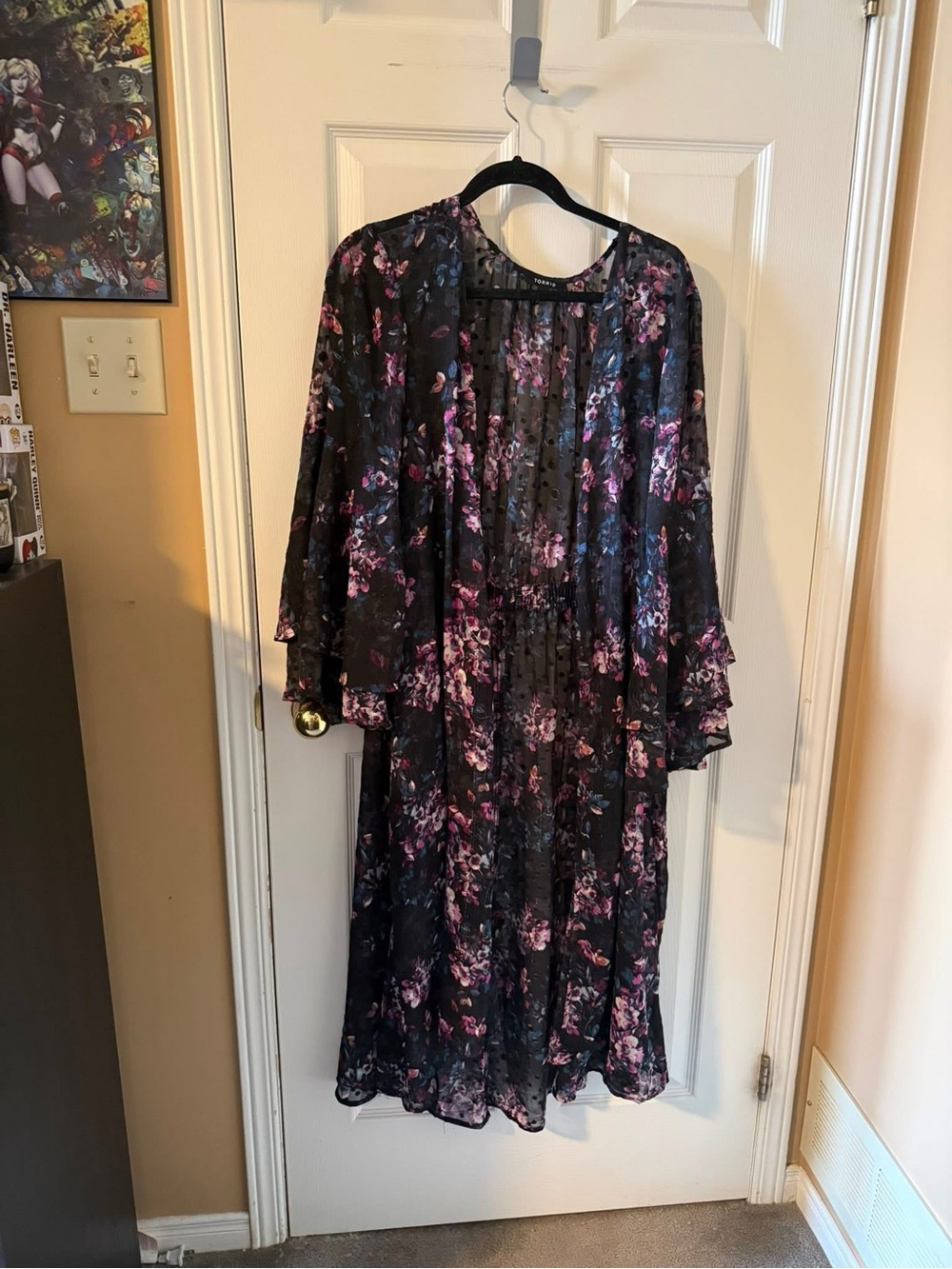 Torrid Black Floral Flocked Chiffon Longline Kimono Duster – Size 2X